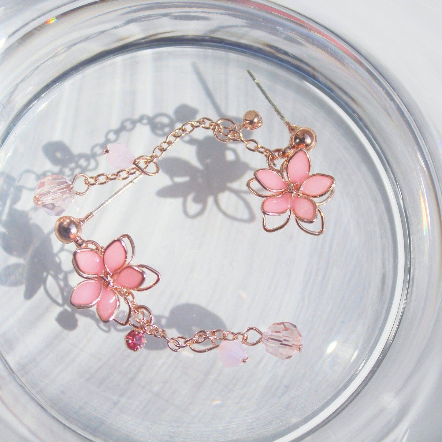 Cherry Flower Earrings - Pink Five Petals Flower Dangle Drop Earrings-Ninaouity