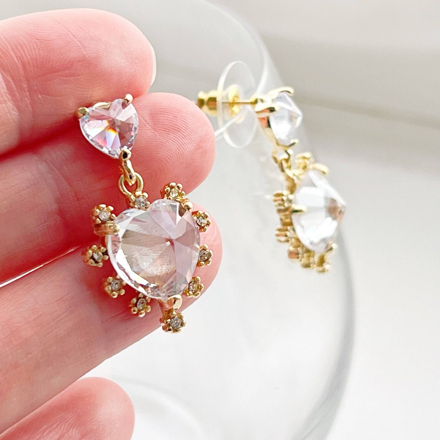 Crystal Clear Double Hearts Drop Earrings - Sterling Silver Studs-Ninaouity