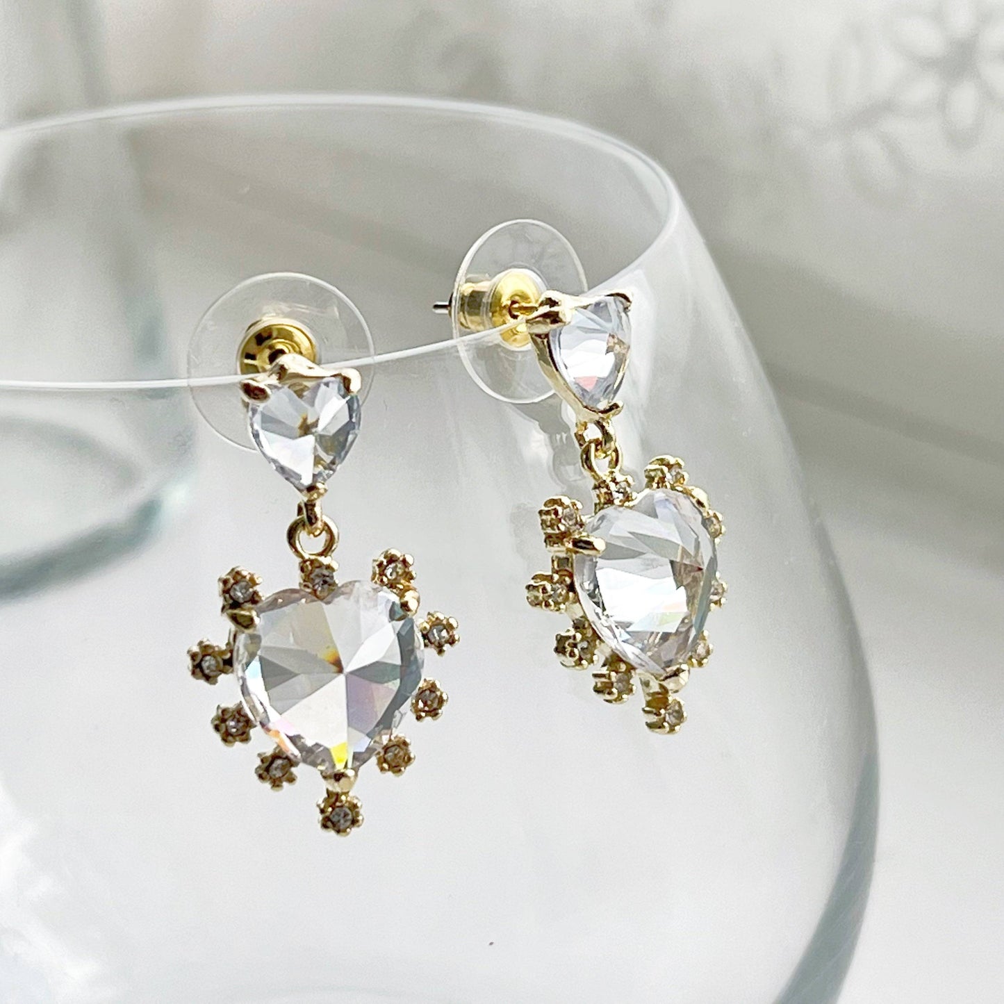Crystal Clear Double Hearts Drop Earrings - Sterling Silver Studs-Ninaouity