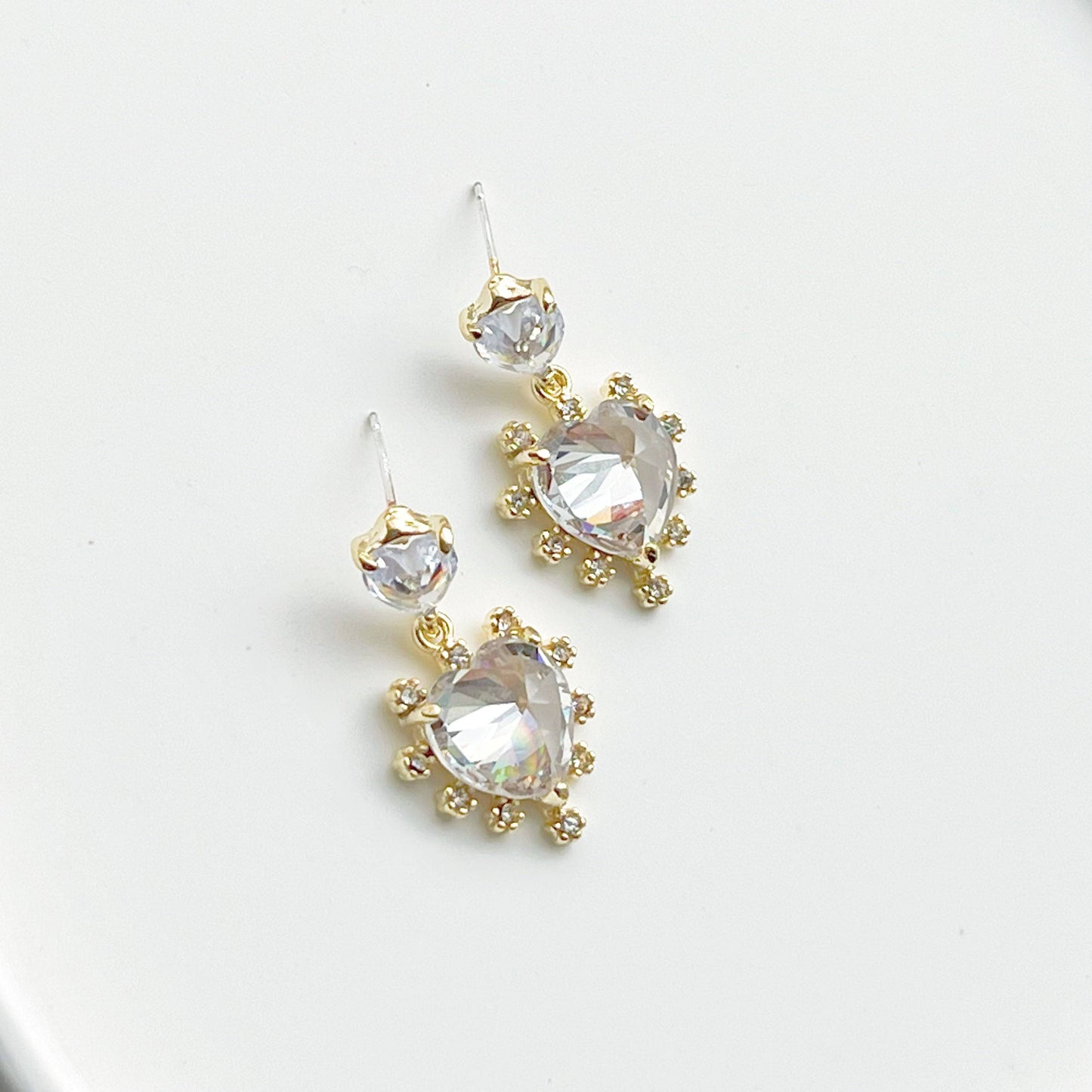 Crystal Clear Double Hearts Drop Earrings - Sterling Silver Studs-Ninaouity