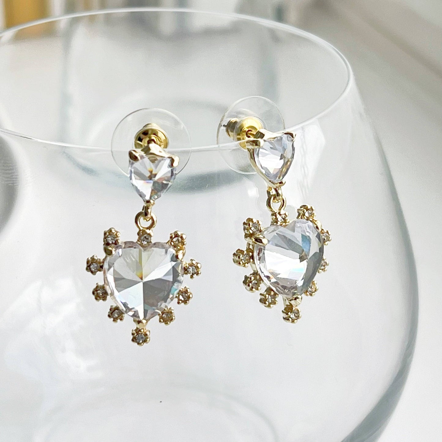 Crystal Clear Double Hearts Drop Earrings - Sterling Silver Studs-Ninaouity