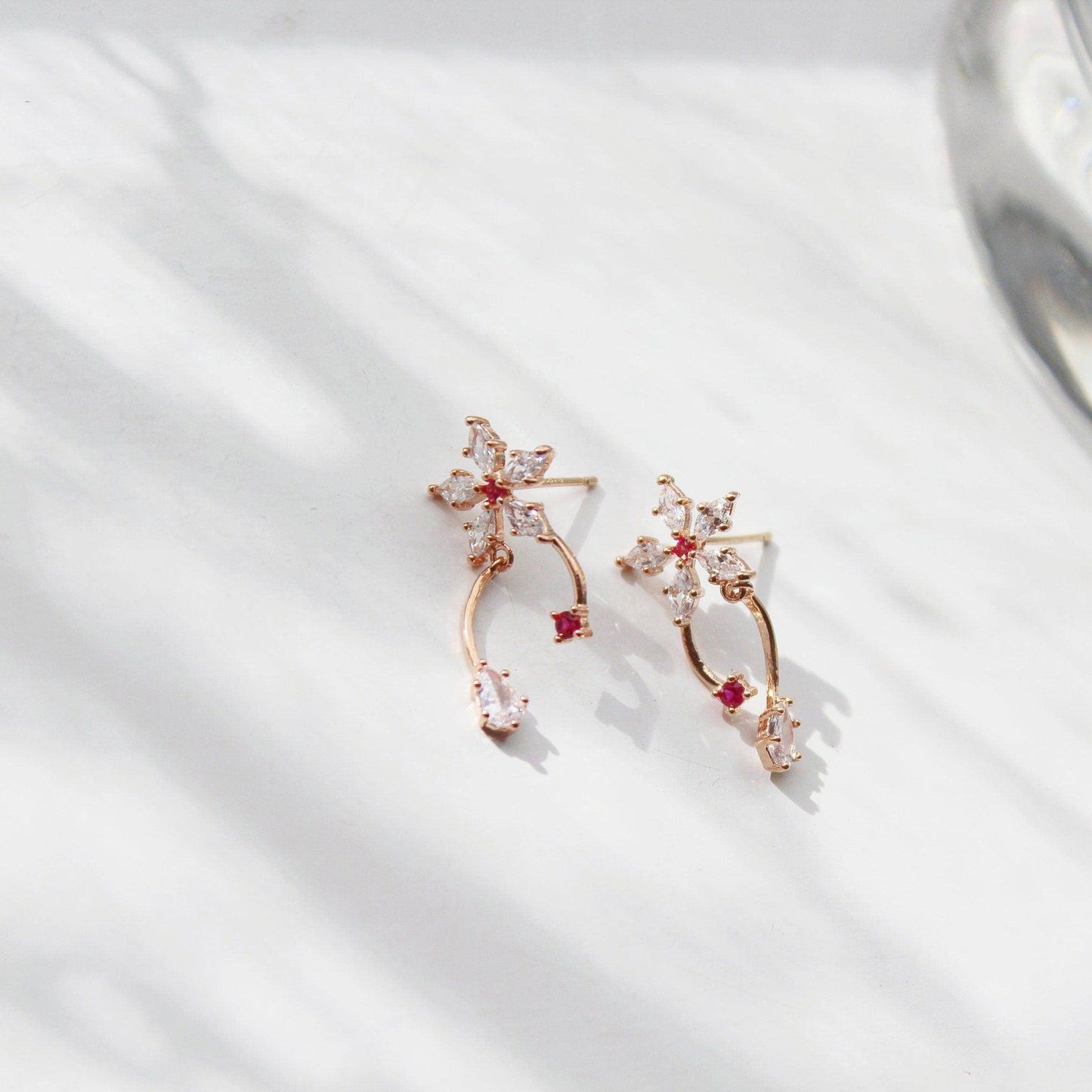 Cypress Vine Flower Earrings - Star Shape Flower with Red Crystal Mini Drop Earrings-Ninaouity