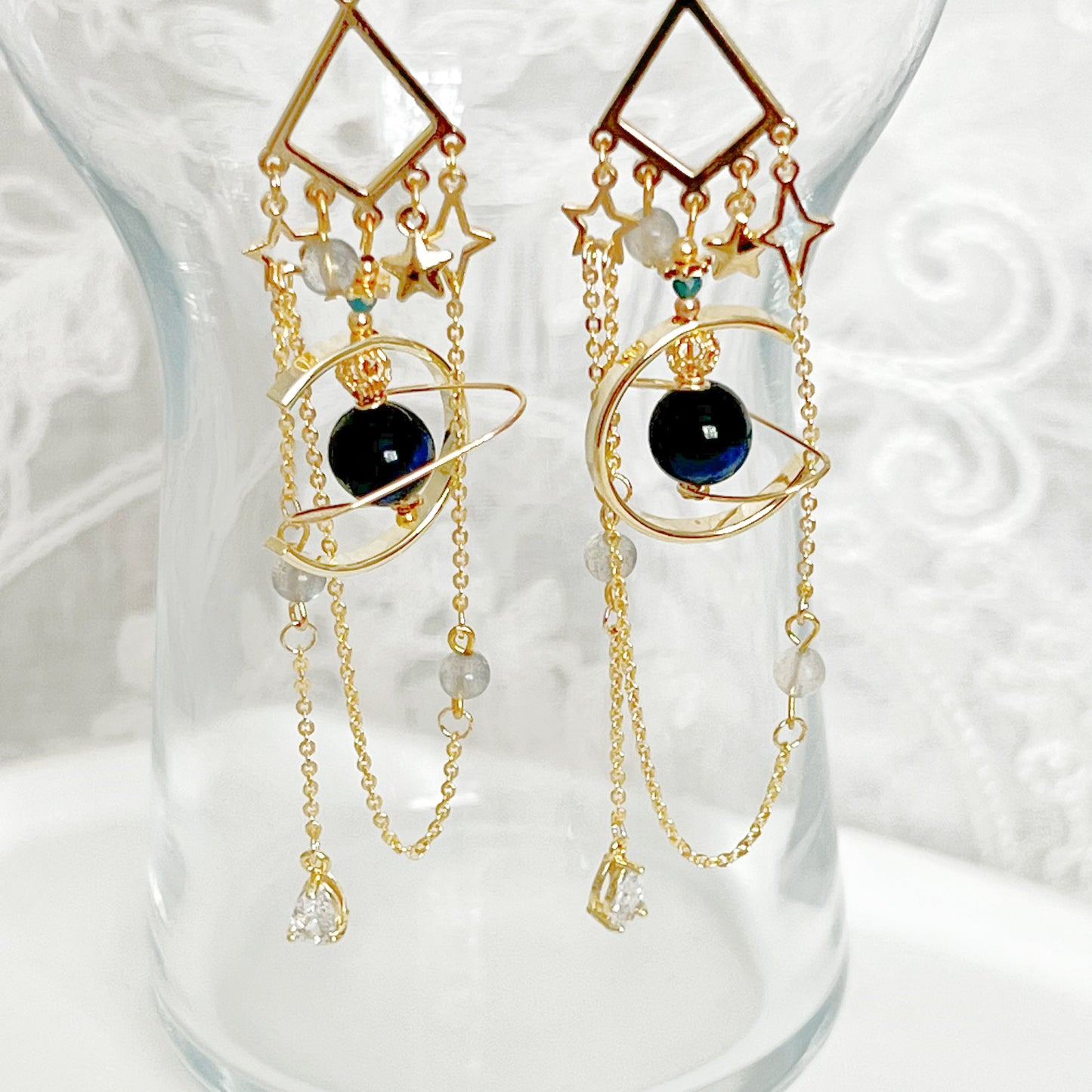 Dark Blue Tiger's Eye and Moonstone Planet Earrings-Ninaouity