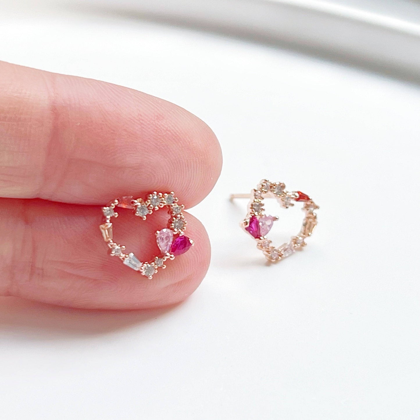 Dark Pink Crystal Heart and Star Sterling Silver Studs Earrings-Ninaouity