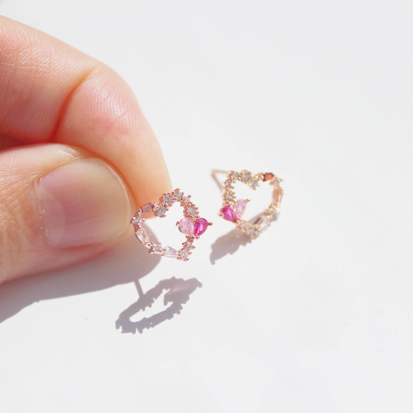 Dark Pink Crystal Heart and Star Sterling Silver Studs Earrings-Ninaouity