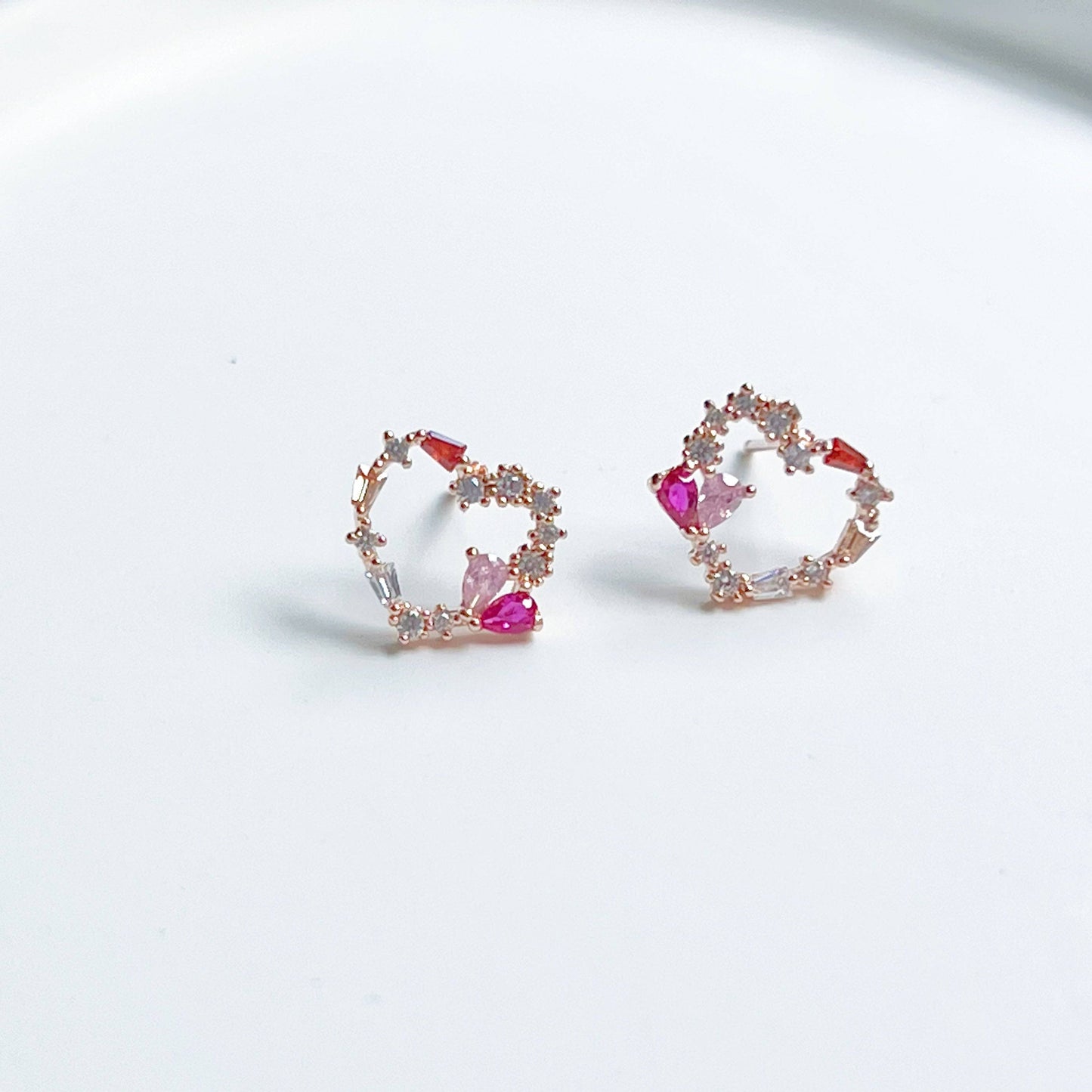 Dark Pink Crystal Heart and Star Sterling Silver Studs Earrings-Ninaouity