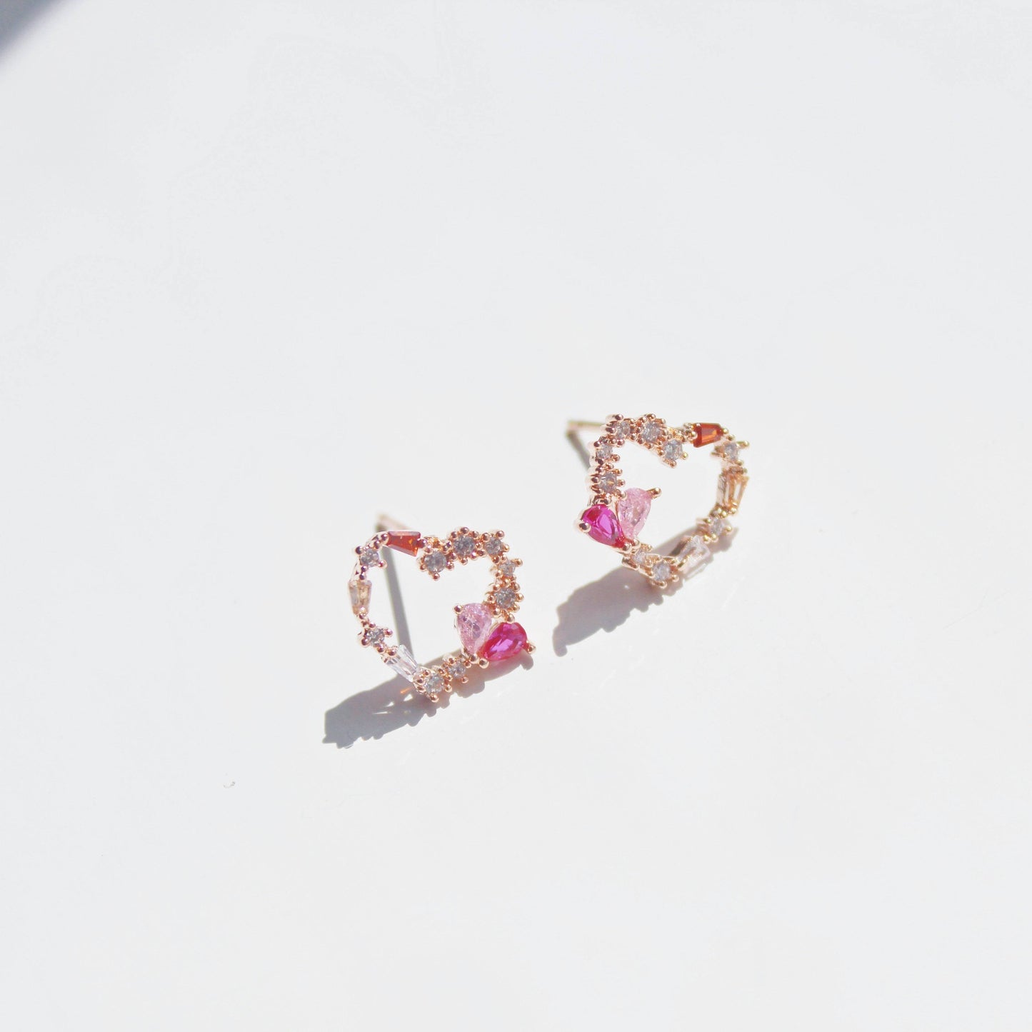 Dark Pink Crystal Heart and Star Sterling Silver Studs Earrings-Ninaouity