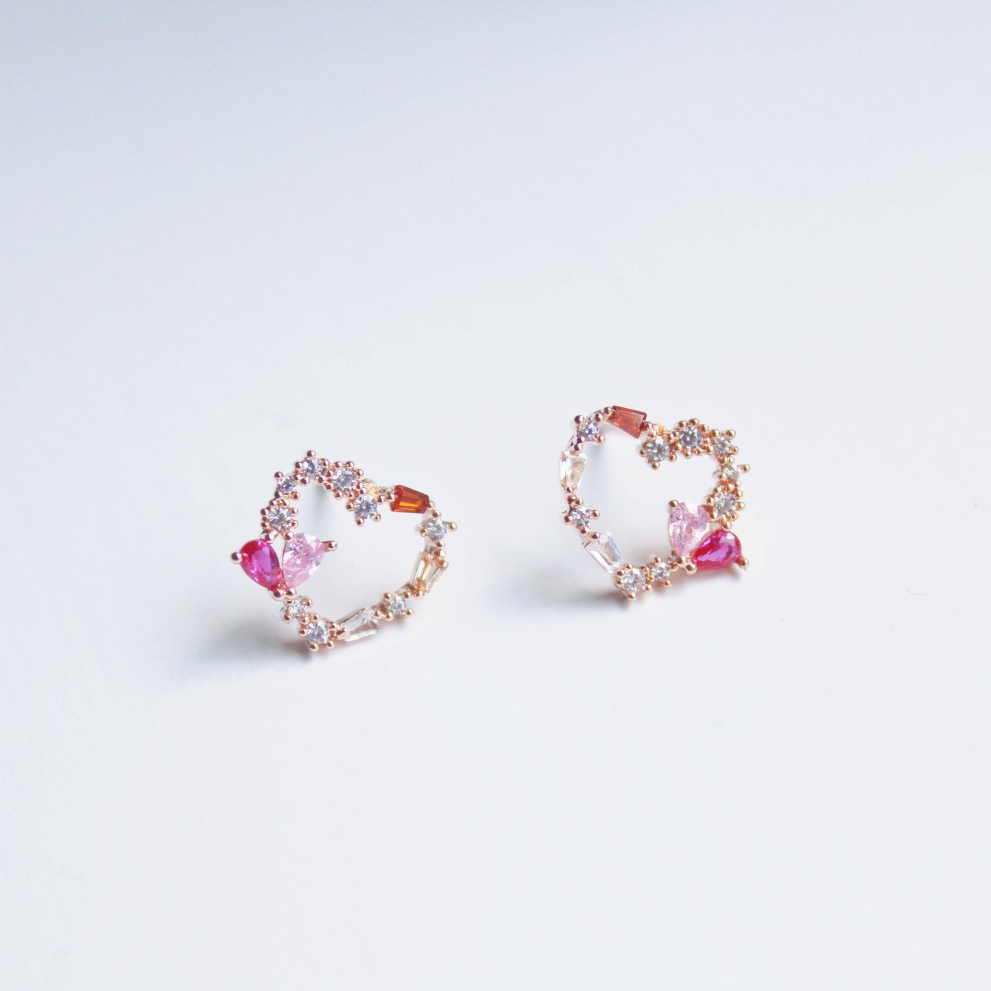 Dark Pink Crystal Heart and Star Sterling Silver Studs Earrings-Ninaouity