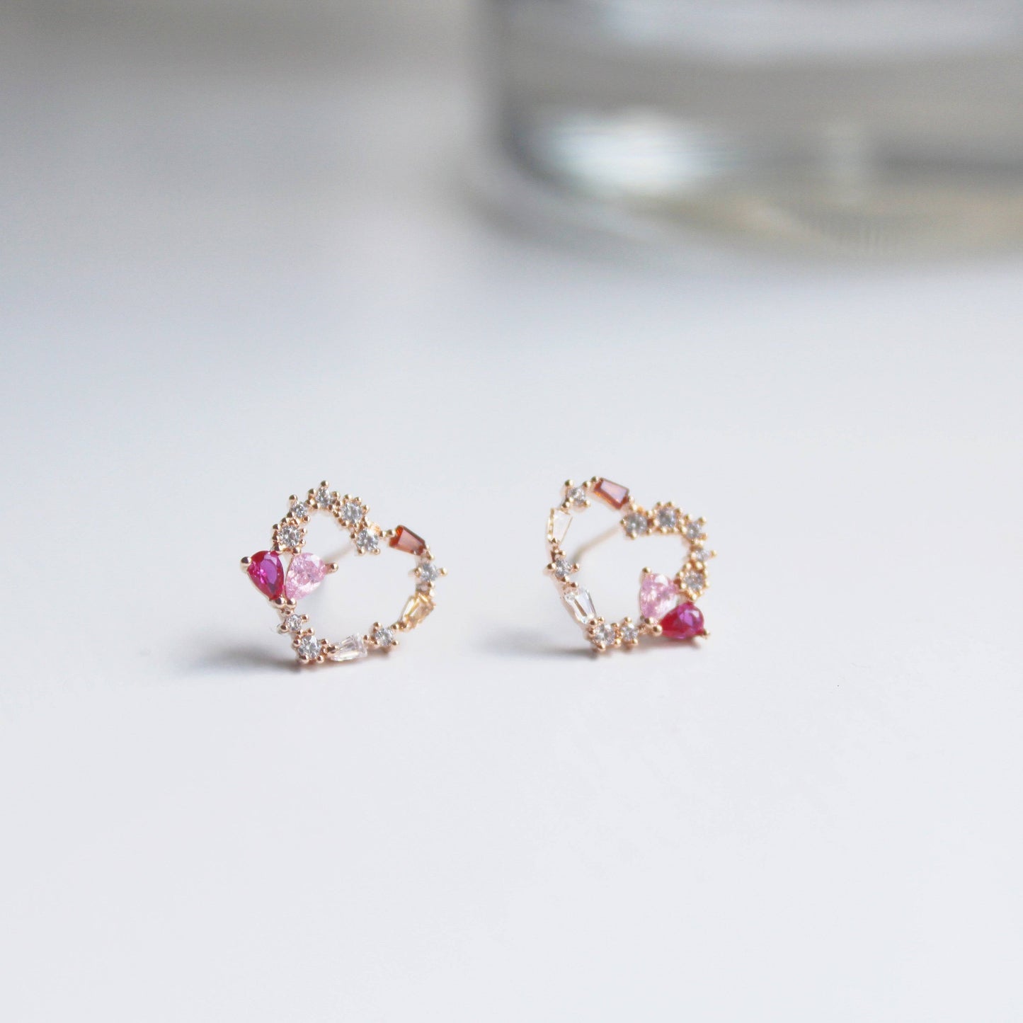 Dark Pink Crystal Heart and Star Sterling Silver Studs Earrings-Ninaouity
