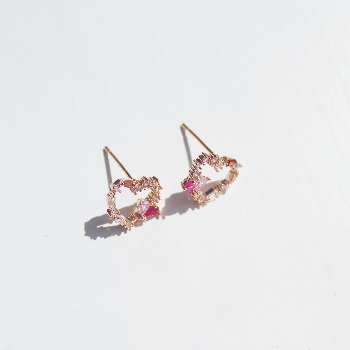 Dark Pink Crystal Heart and Star Sterling Silver Studs Earrings-Ninaouity