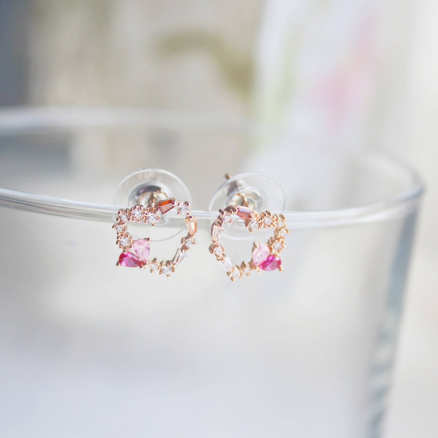 Dark Pink Crystal Heart and Star Sterling Silver Studs Earrings-Ninaouity