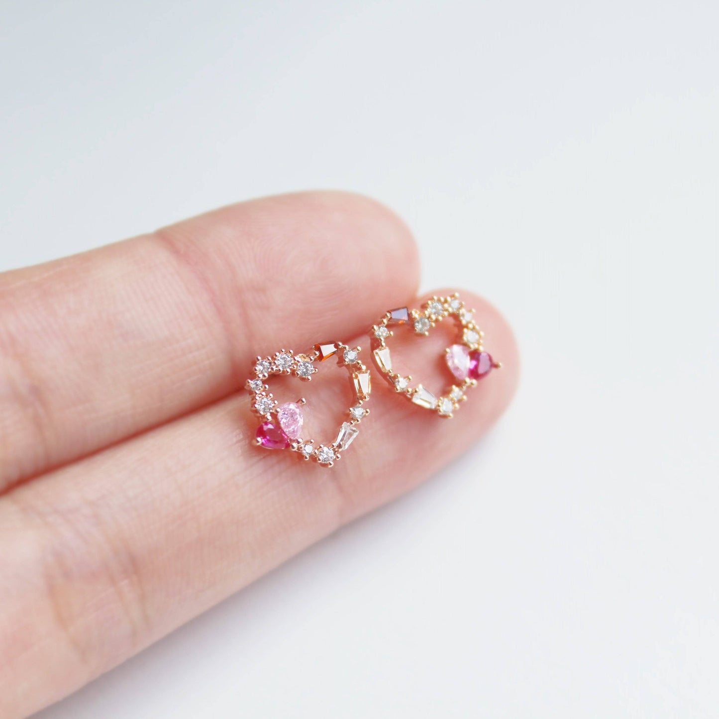 Dark Pink Crystal Heart and Star Sterling Silver Studs Earrings-Ninaouity