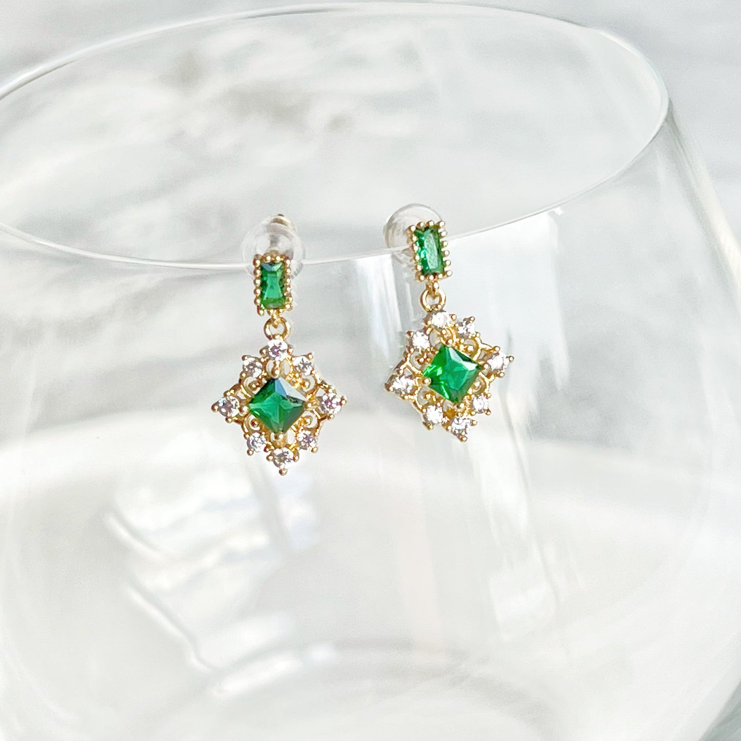 Double Square Emerald Green Crystal Little Drop Earrings-Ninaouity