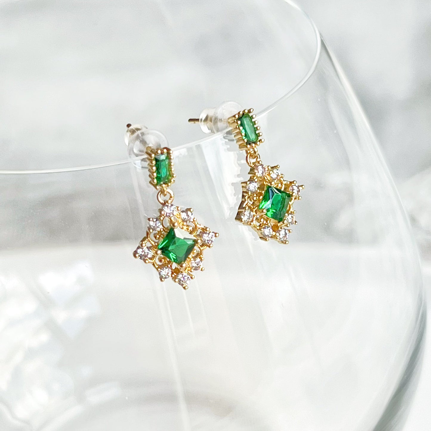 Double Square Emerald Green Crystal Little Drop Earrings-Ninaouity
