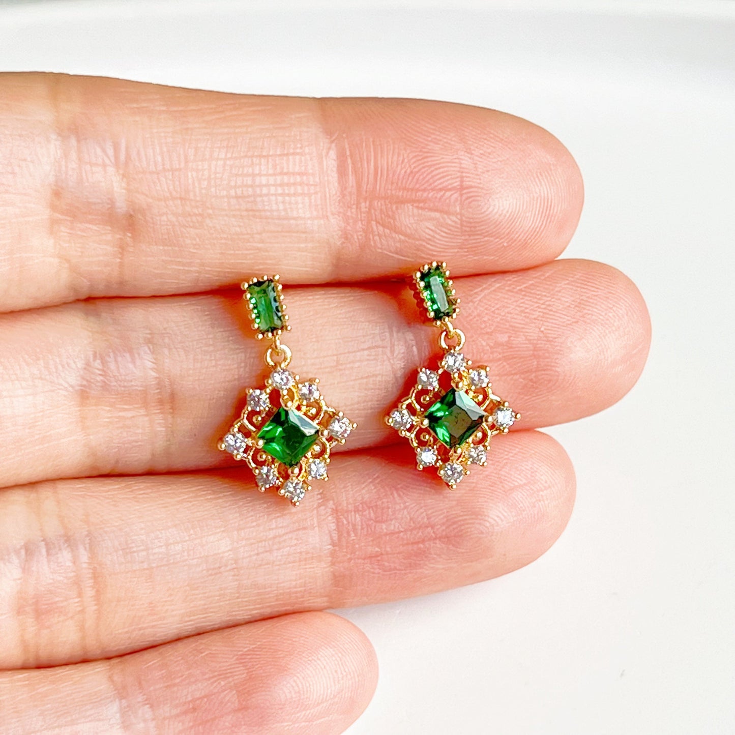 Double Square Emerald Green Crystal Little Drop Earrings-Ninaouity