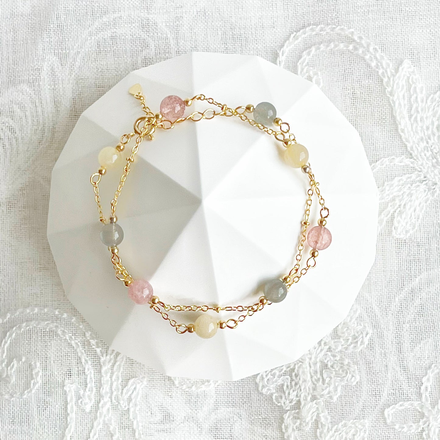 Double Wrap Gemstone Bracelet - Strawberry Quartz Citrine and Moonstone-Ninaouity