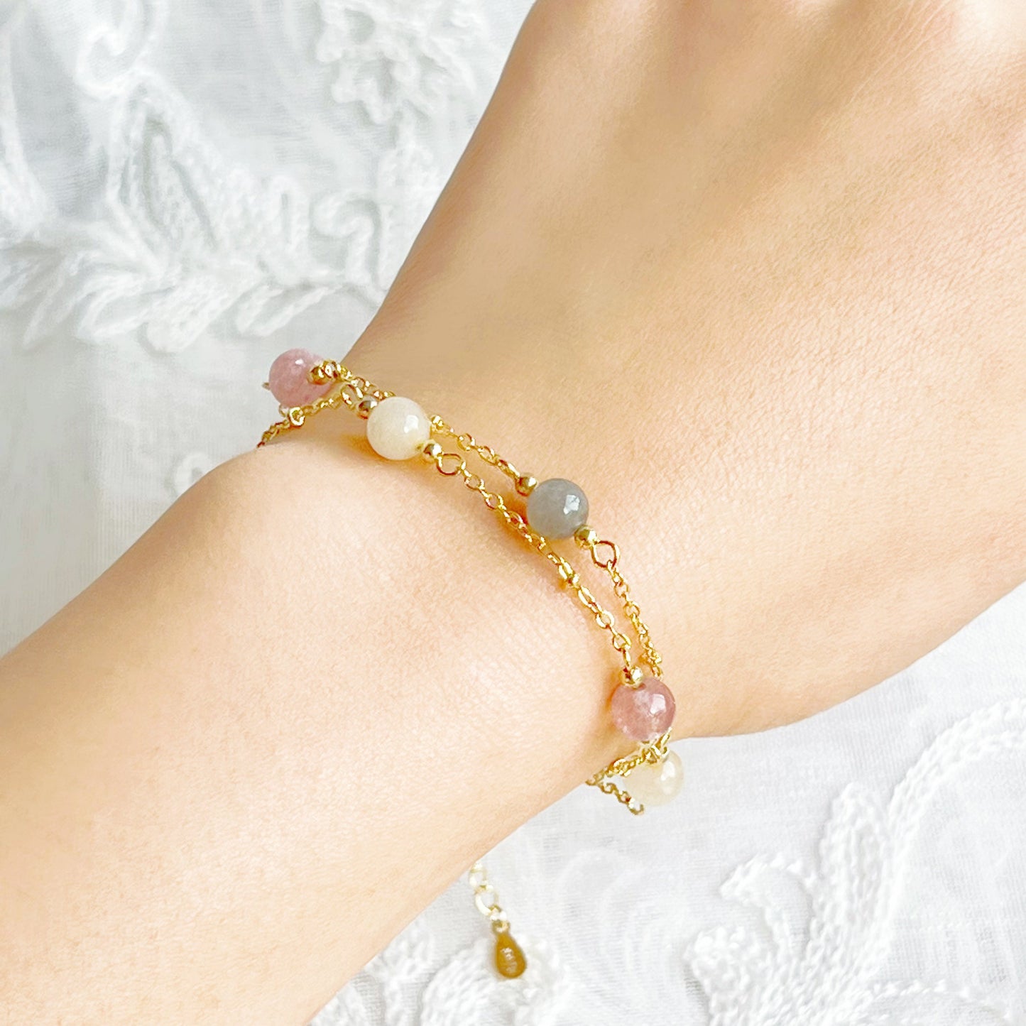 Double Wrap Gemstone Bracelet - Strawberry Quartz Citrine and Moonstone-Ninaouity