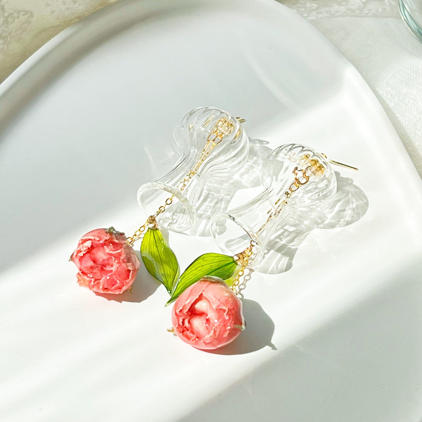 Dried Rose Flowers in Miniature Glass Vase Drop Earrings-Ninaouity