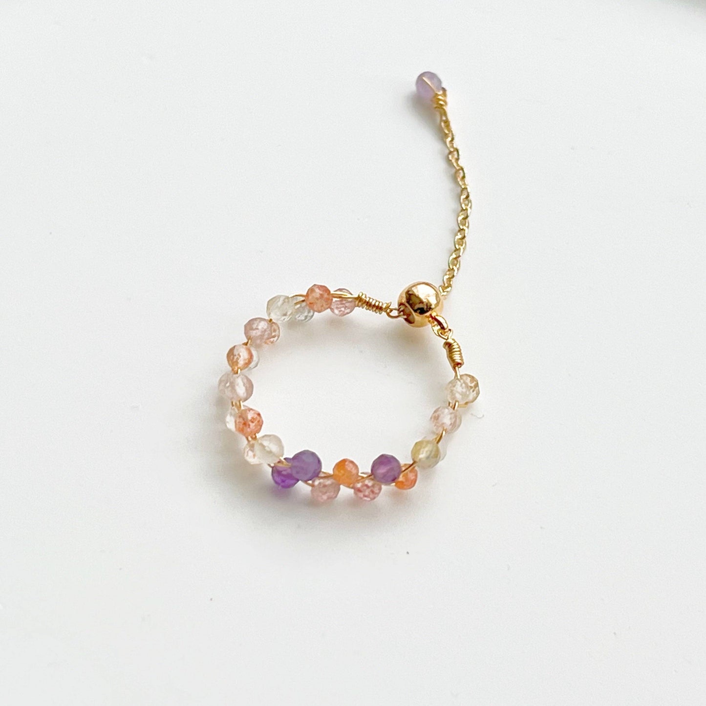 Elestial Quartz Beaded Ring - Purple Orange Gemstone Bead Adjustable Ring-Ninaouity