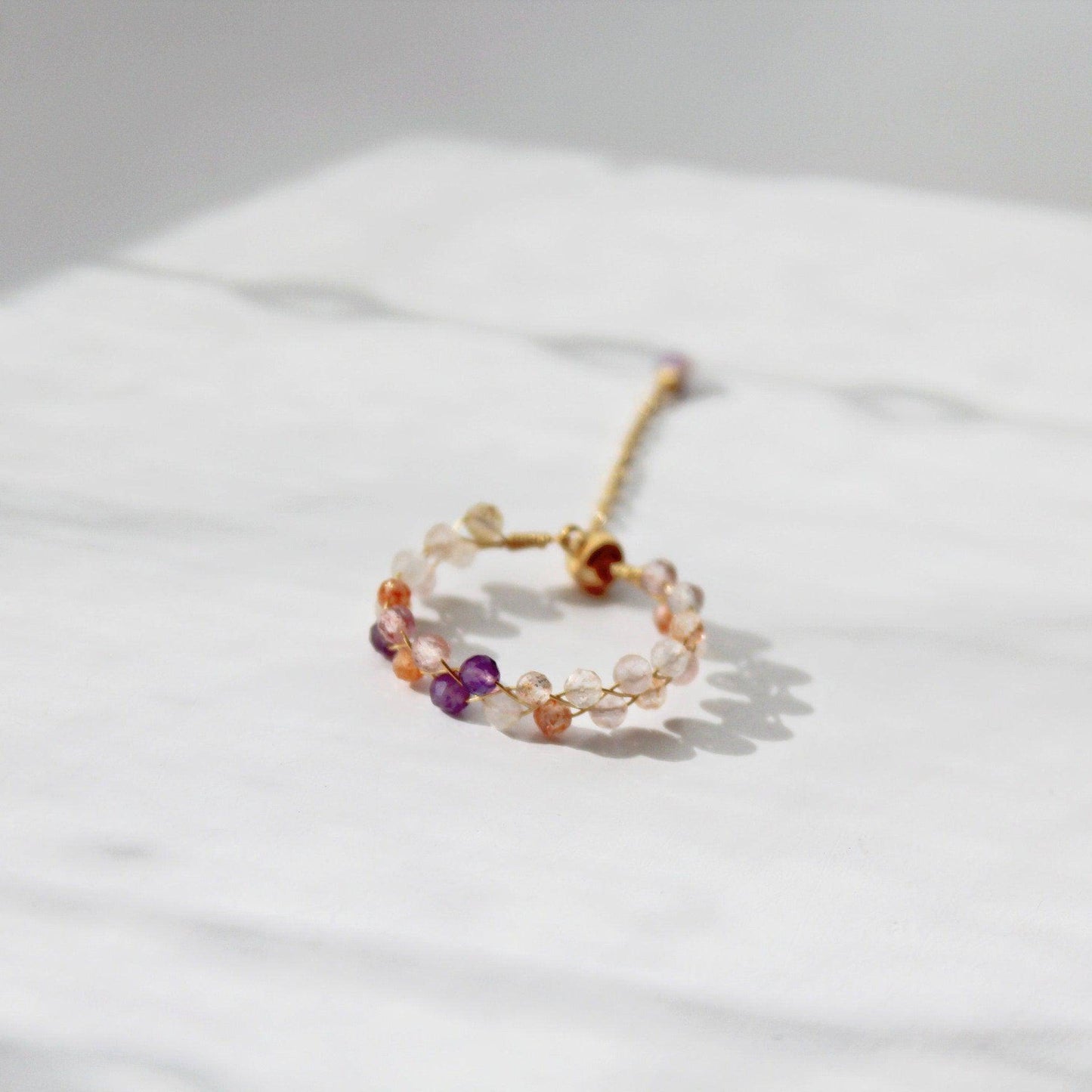 Elestial Quartz Beaded Ring - Purple Orange Gemstone Bead Adjustable Ring-Ninaouity