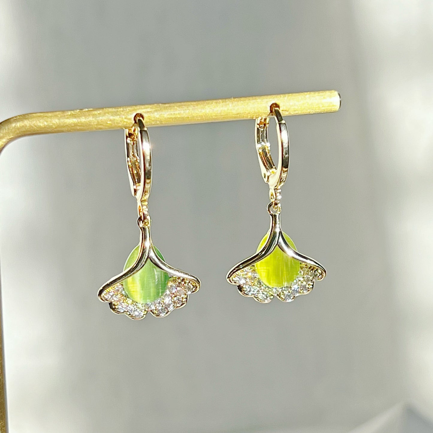 Ginkgo with Green Cats Eye Stone Earrings-Ninaouity