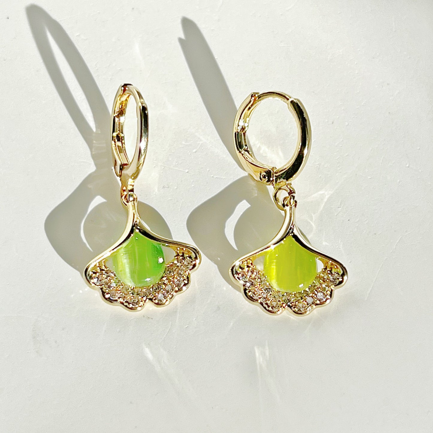 Ginkgo with Green Cats Eye Stone Earrings-Ninaouity