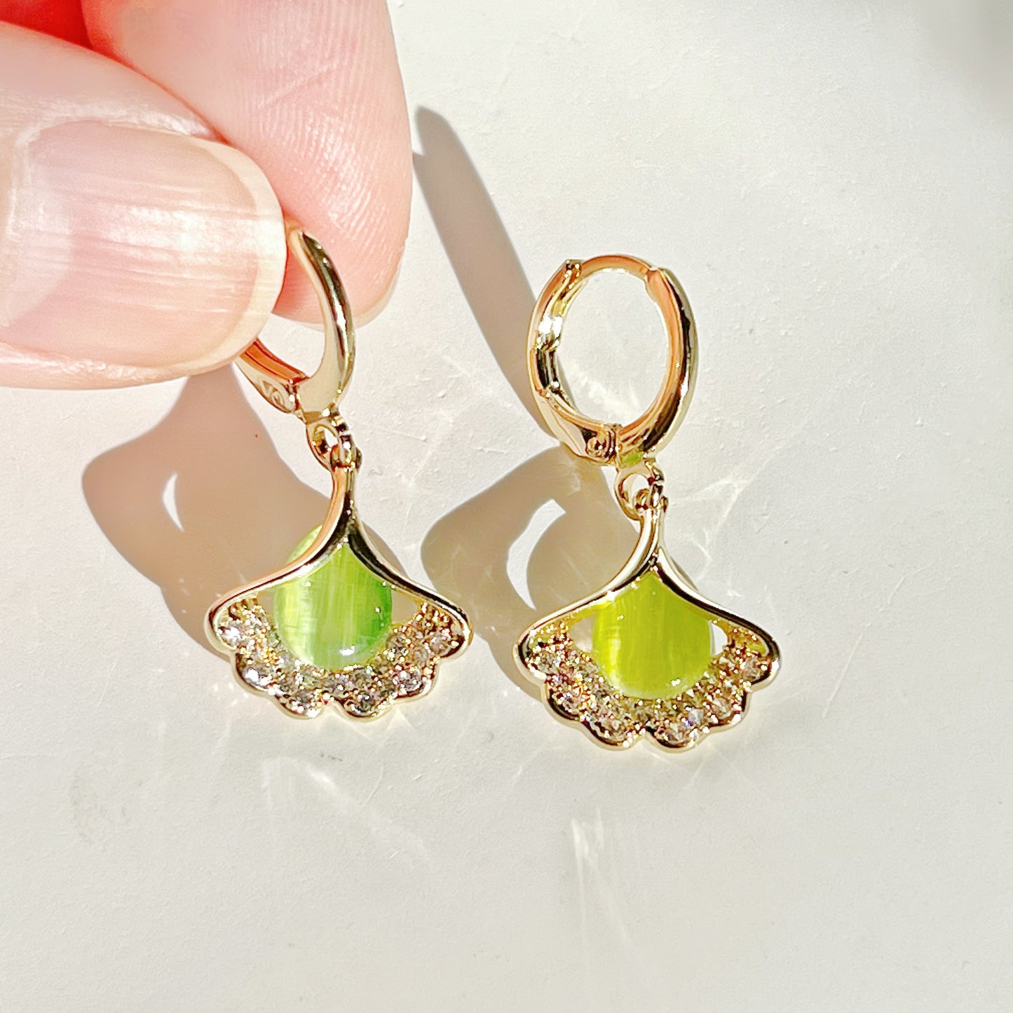 Ginkgo with Green Cats Eye Stone Earrings-Ninaouity