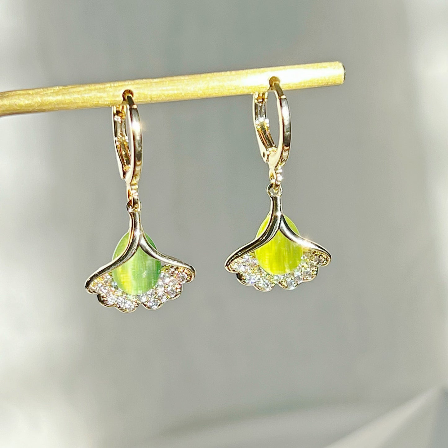 Ginkgo with Green Cats Eye Stone Earrings-Ninaouity