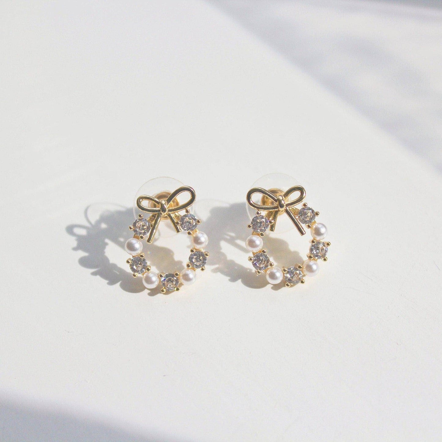 Gold Bow Tie Earrings - Mini Pearl Wreath Shape Sterling Silver Stud Earrings-Ninaouity
