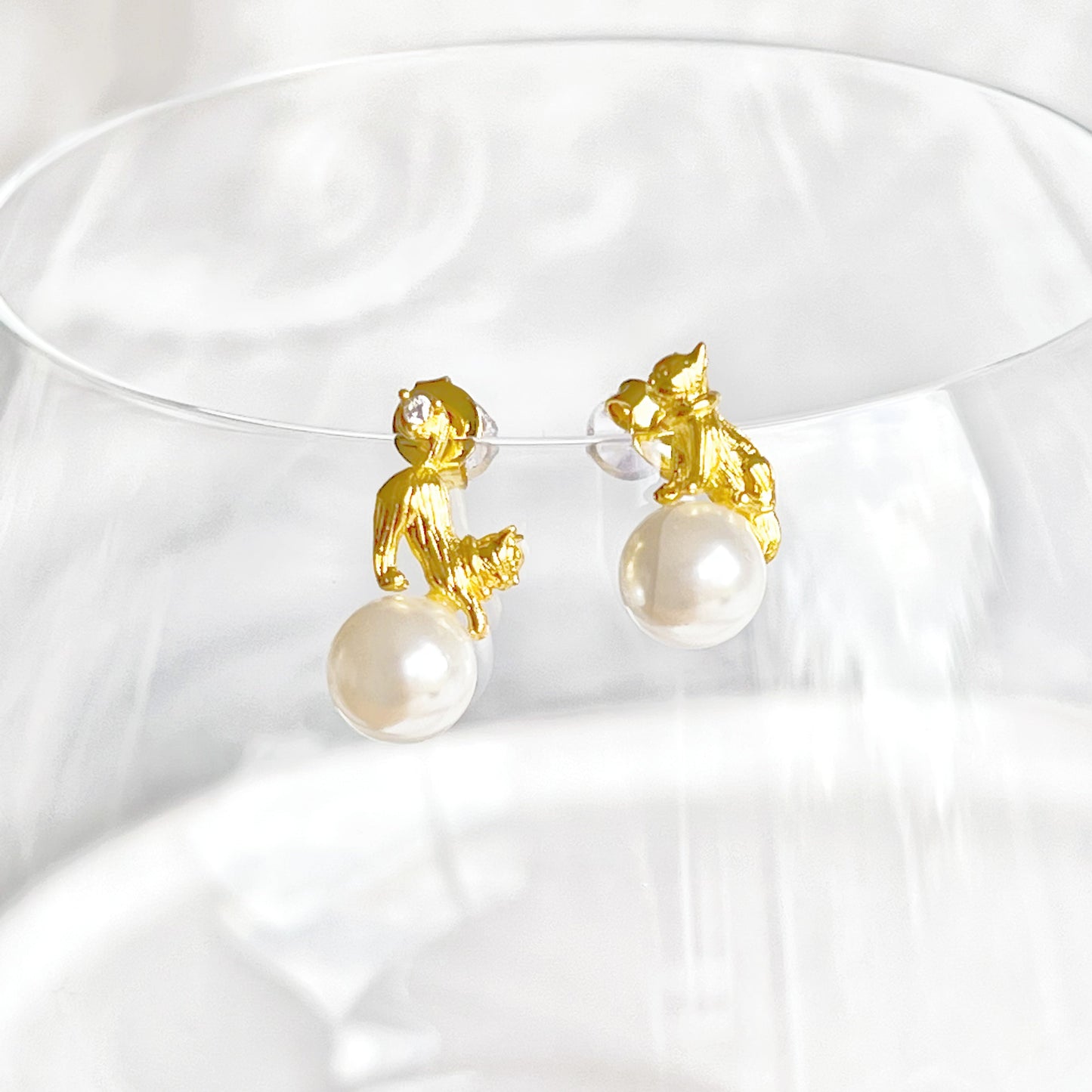 Gold Cat and Ball Mismatch Stud Earrings-Ninaouity