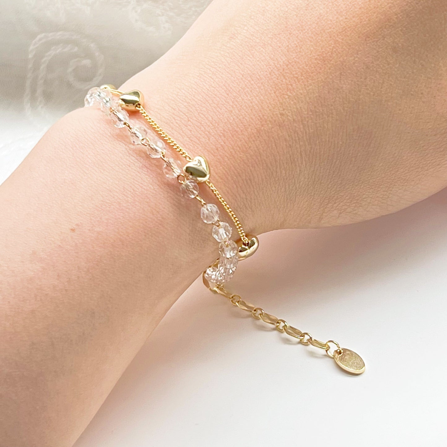 Gold Heart and Crystal Beaded Chain Bracelet-Ninaouity