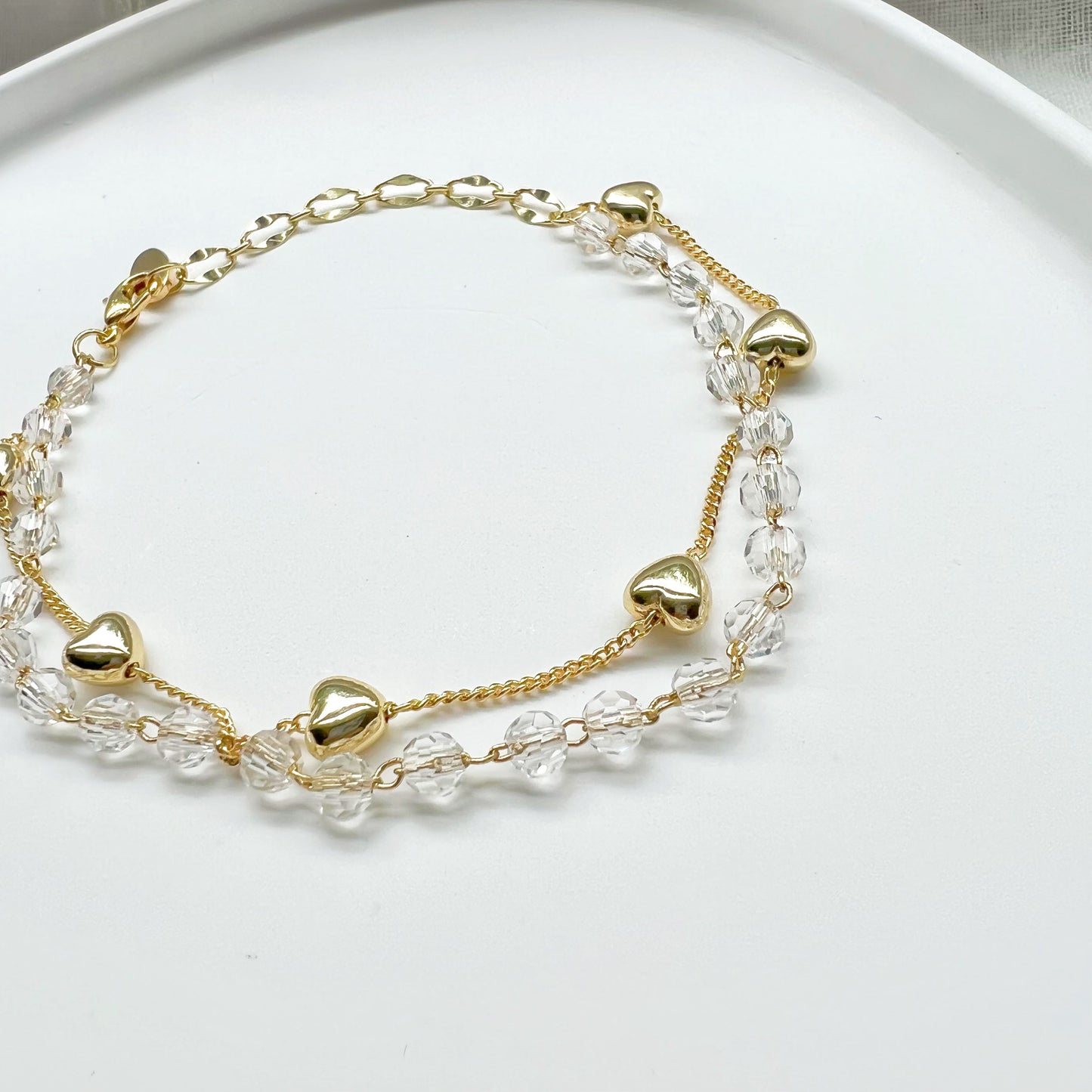 Gold Heart and Crystal Beaded Chain Bracelet-Ninaouity