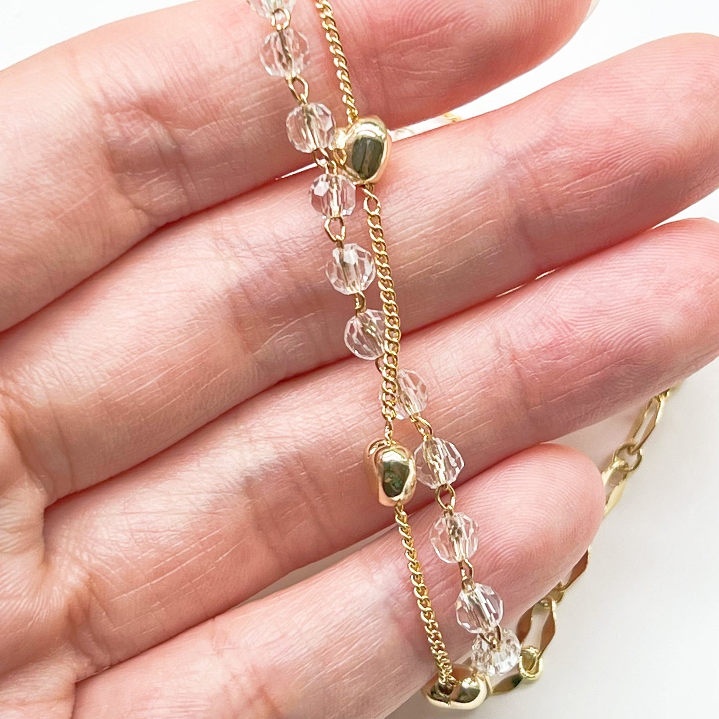 Gold Heart and Crystal Beaded Chain Bracelet-Ninaouity