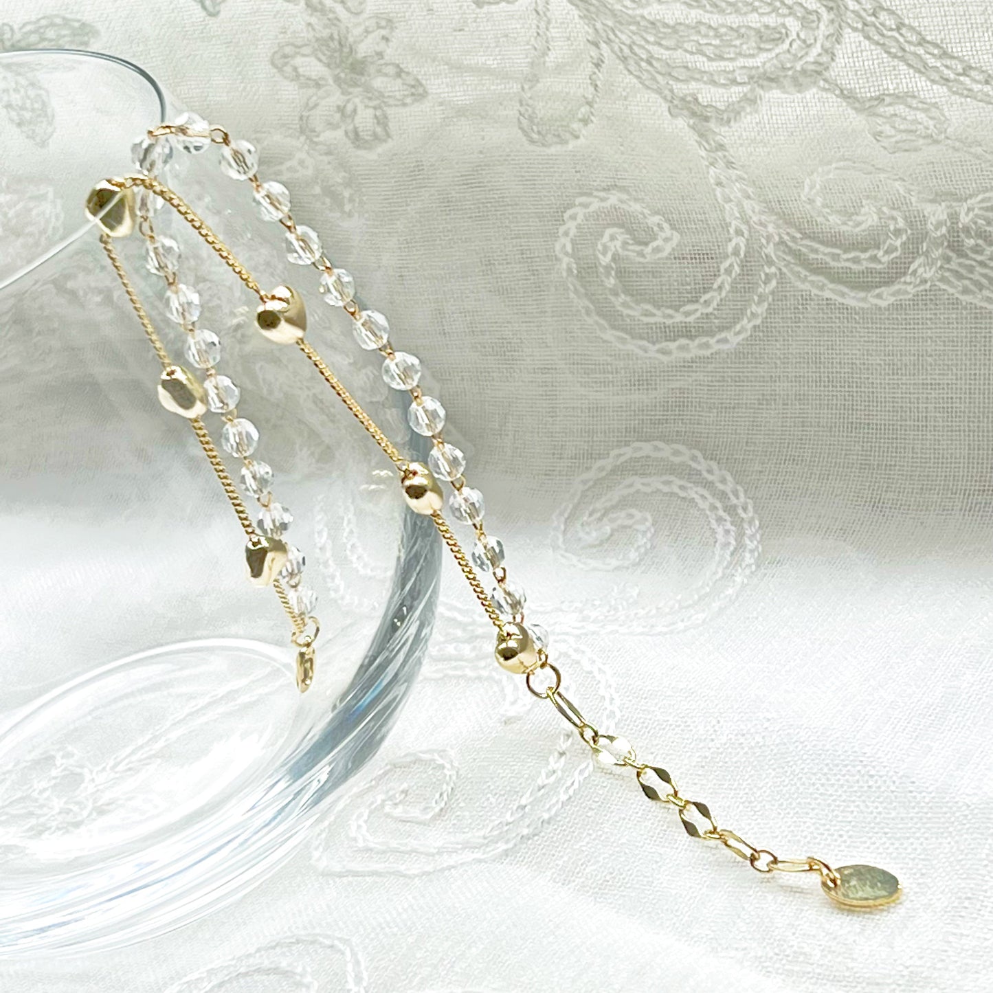 Gold Heart and Crystal Beaded Chain Bracelet-Ninaouity
