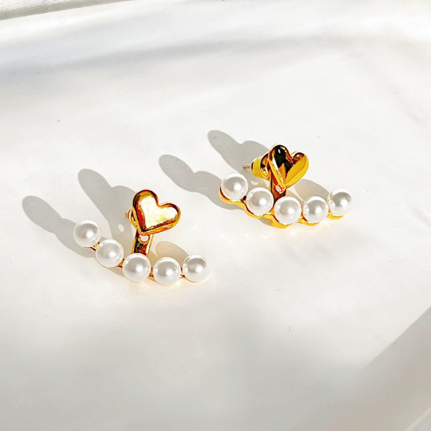 Gold Heart and Pearls Ear Jackets-Ninaouity