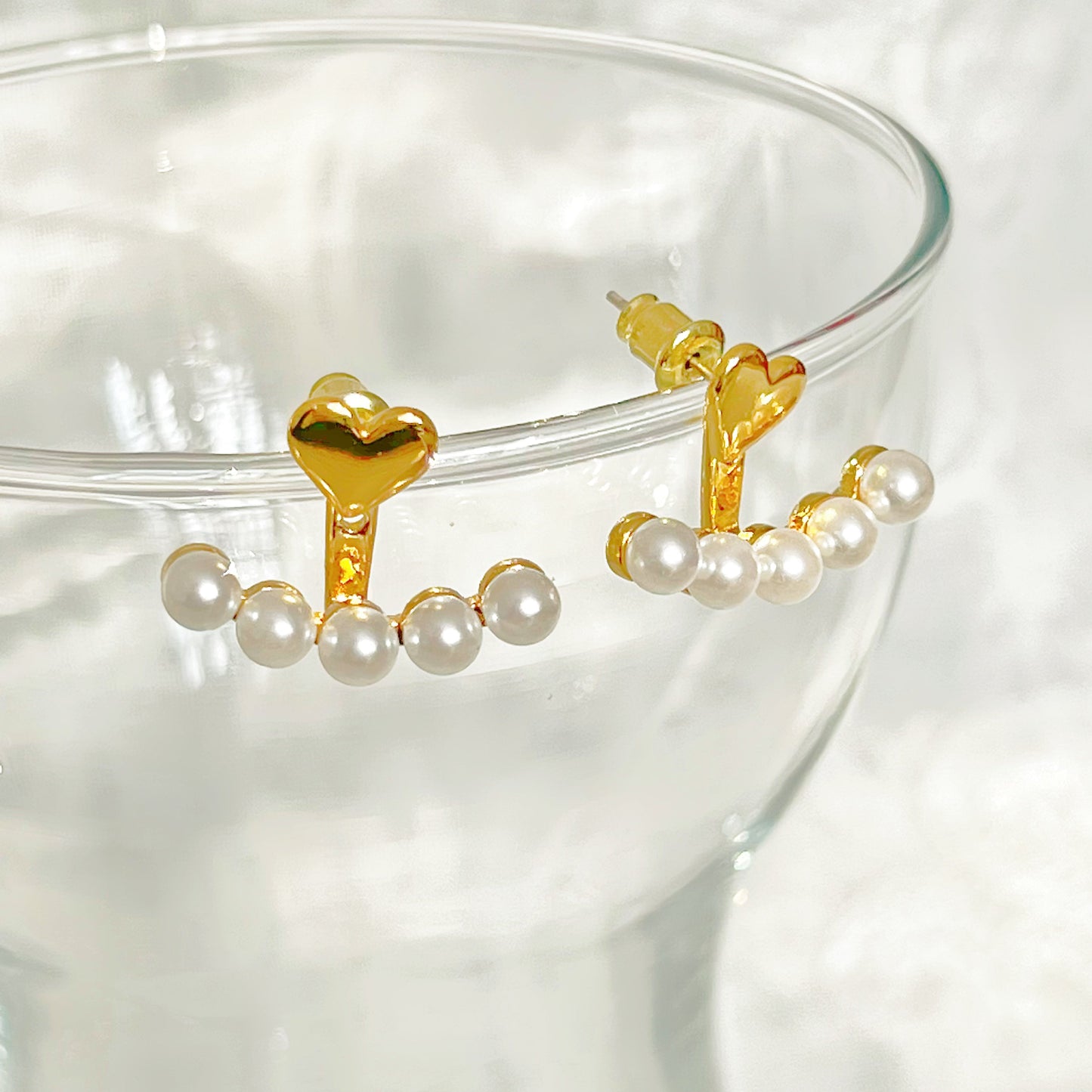 Gold Heart and Pearls Ear Jackets-Ninaouity