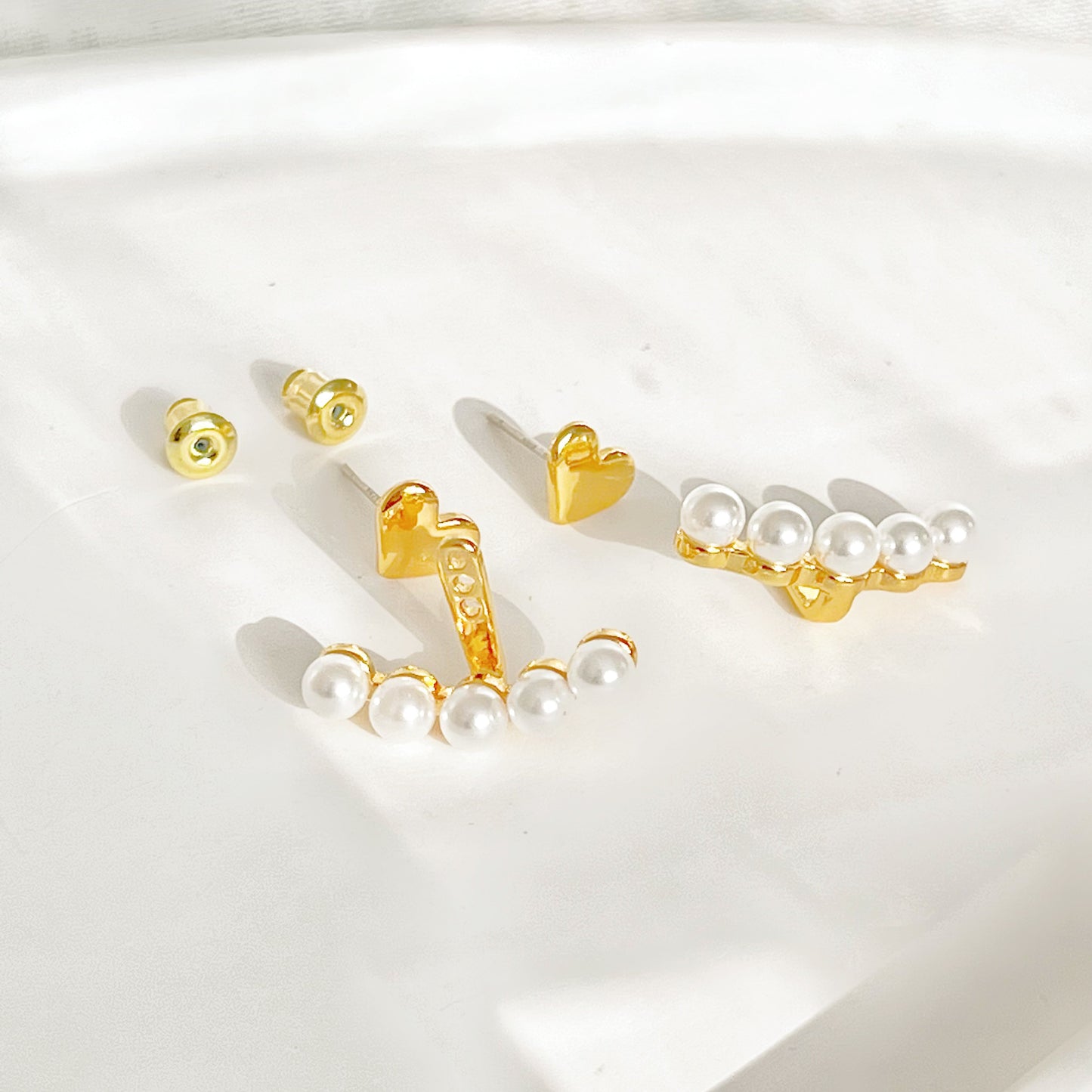 Gold Heart and Pearls Ear Jackets-Ninaouity