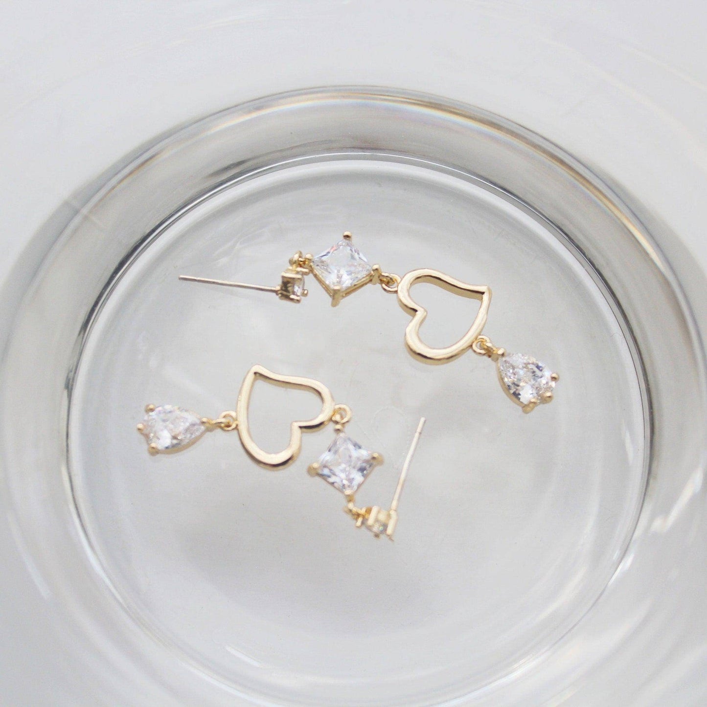 Gold Heart with Pink Crystal Drop Earrings - Sterling Silver Studs Earrings-Ninaouity