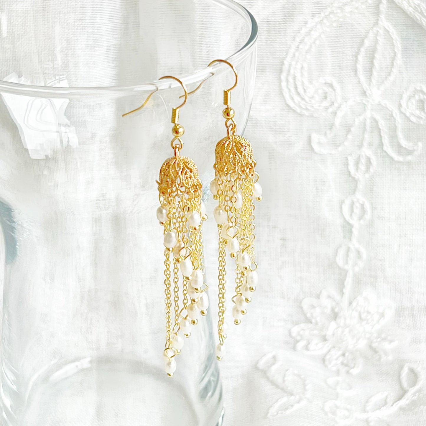 Gold Jhumka Earrings with Freshwater Pearls - Light Weight Drop Earrings-Ninaouity