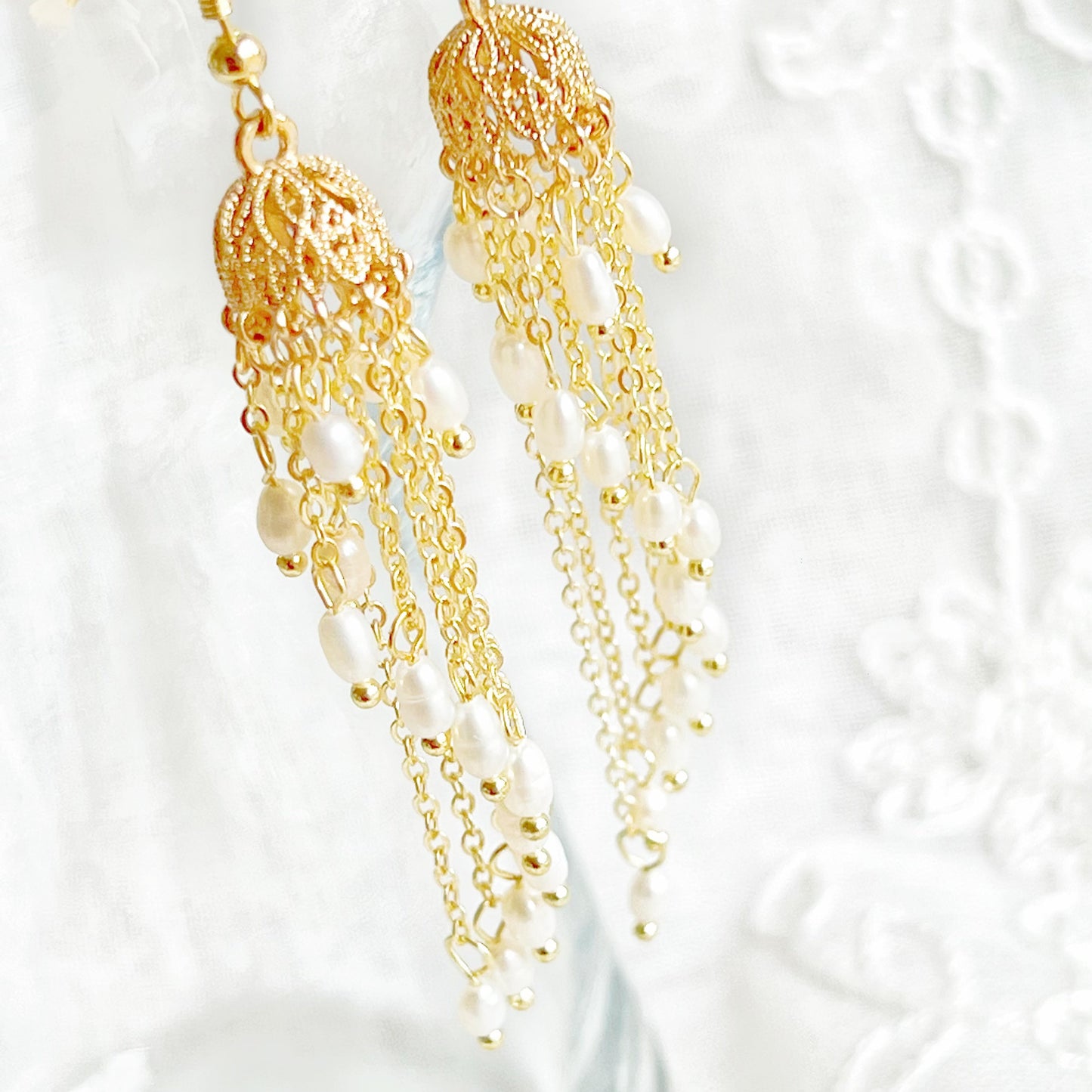 Gold Jhumka Earrings with Freshwater Pearls - Light Weight Drop Earrings-Ninaouity