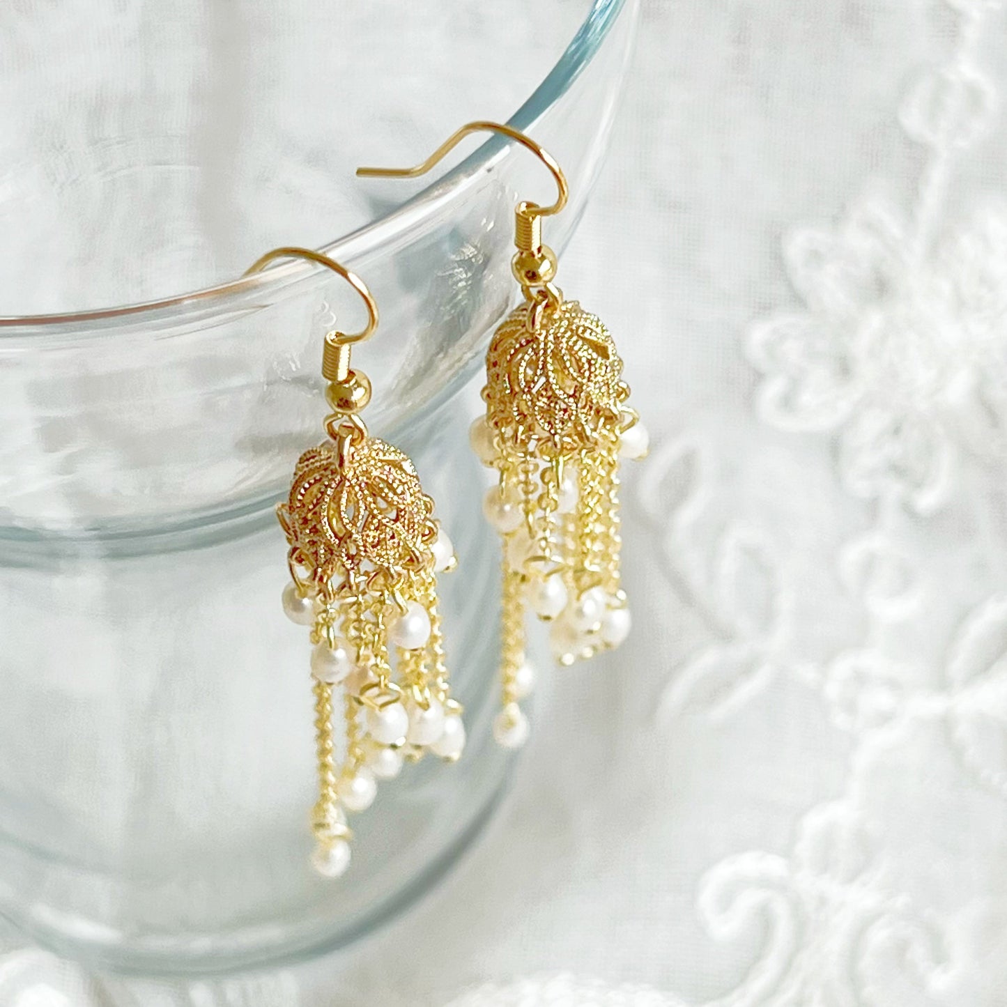 Gold Jhumka Earrings with Freshwater Pearls - Light Weight Drop Earrings-Ninaouity