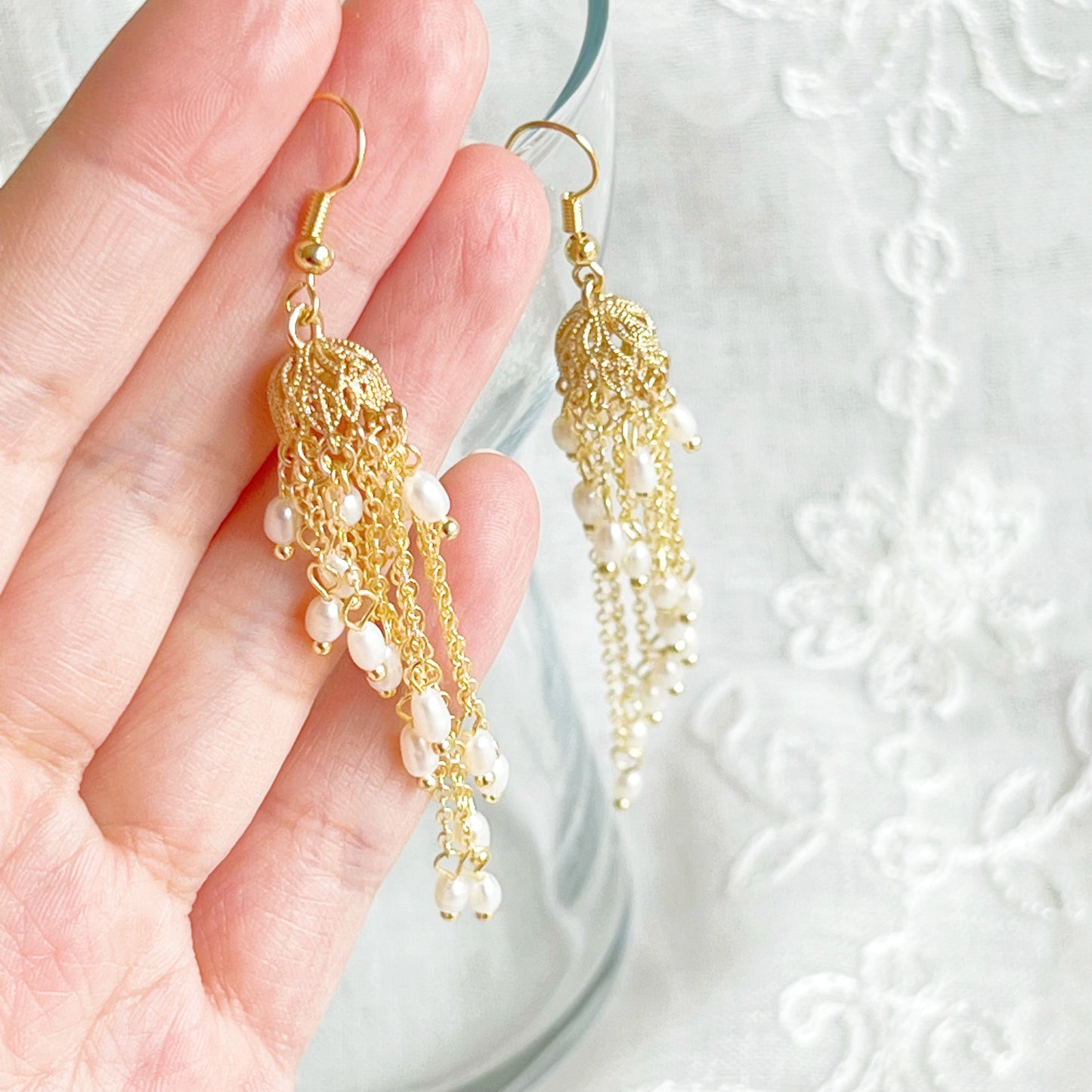 Gold Jhumka Earrings with Freshwater Pearls - Light Weight Drop Earrings-Ninaouity