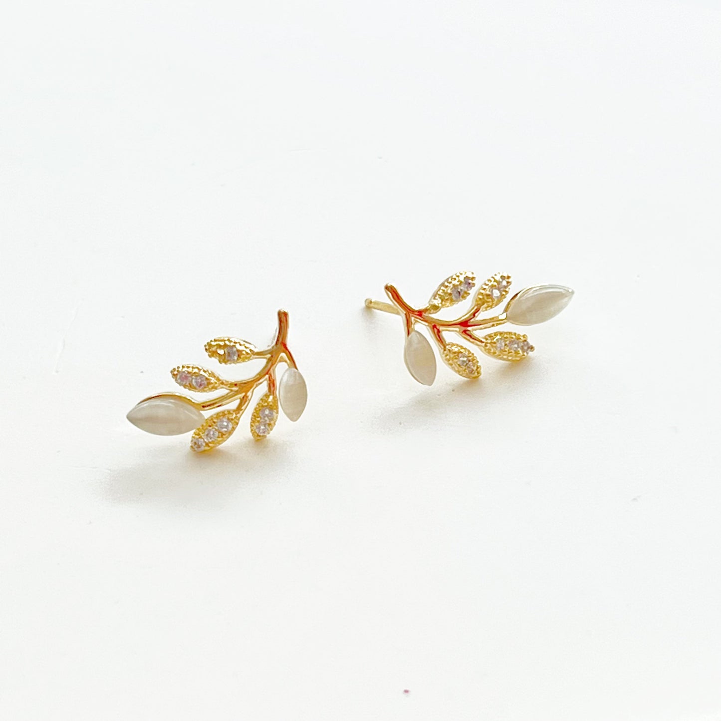 Gold Leaf Stud Earrings with Cat Eye Stone-Ninaouity