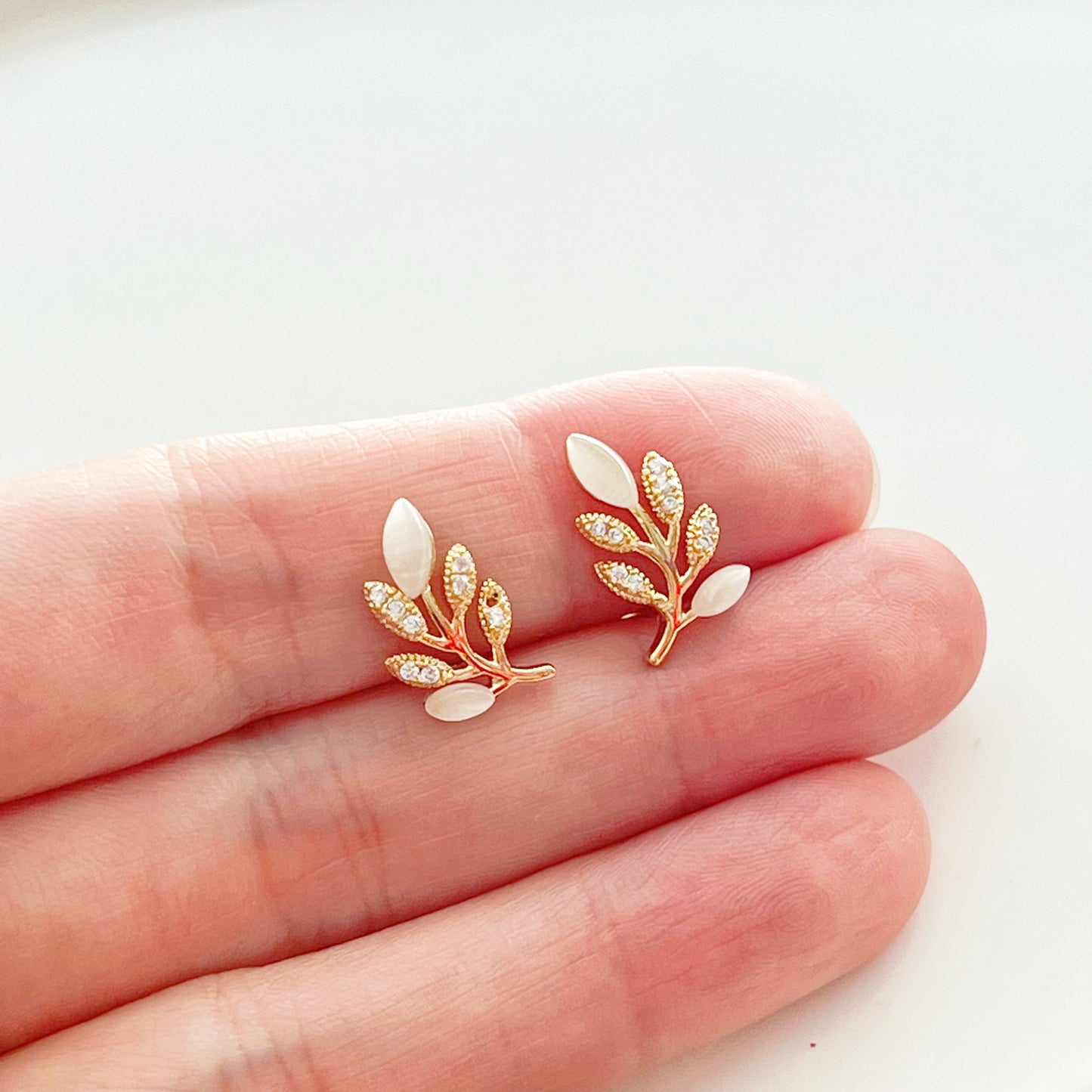 Gold Leaf Stud Earrings with Cat Eye Stone-Ninaouity