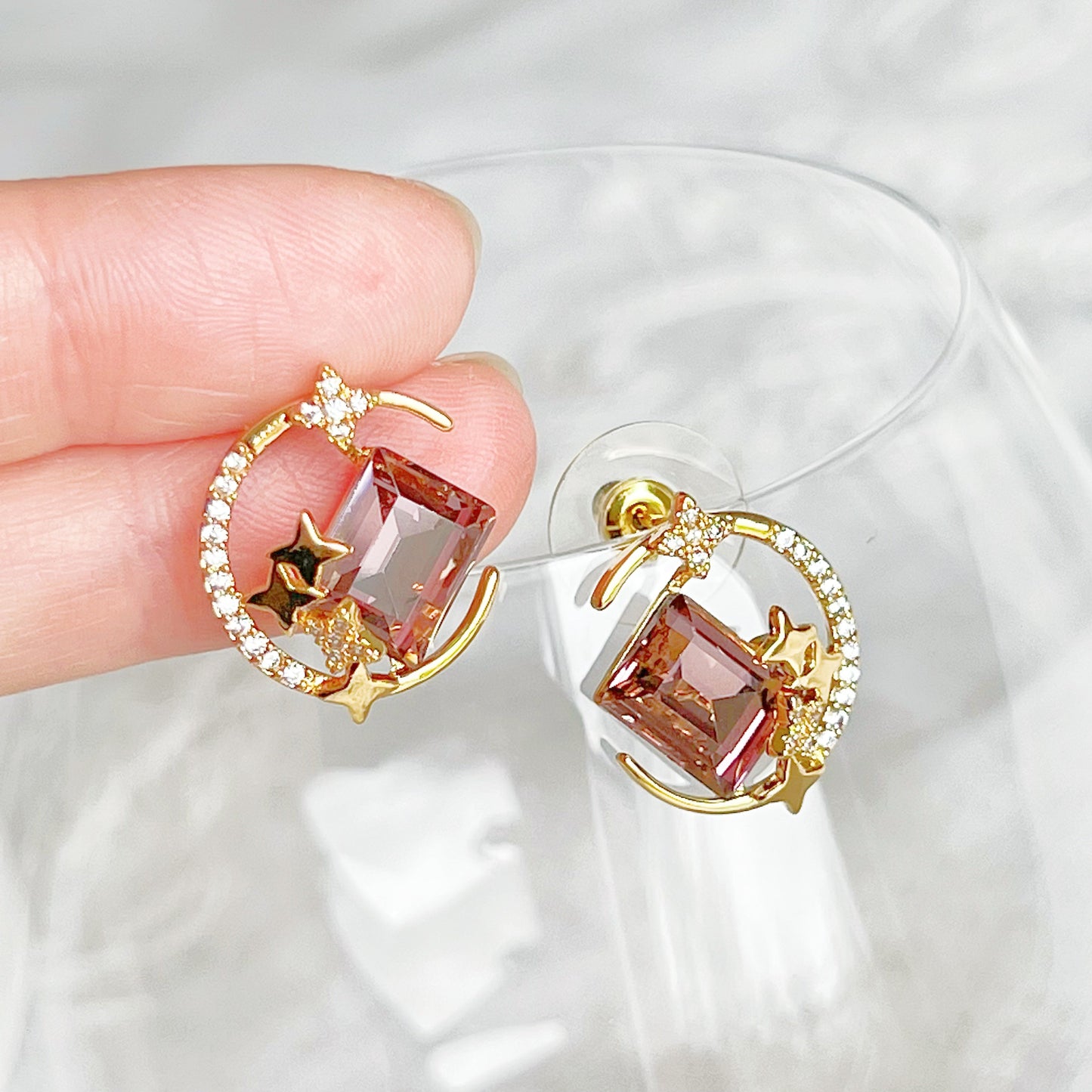 Gold New Moon Purple Crystal Earrings-Ninaouity