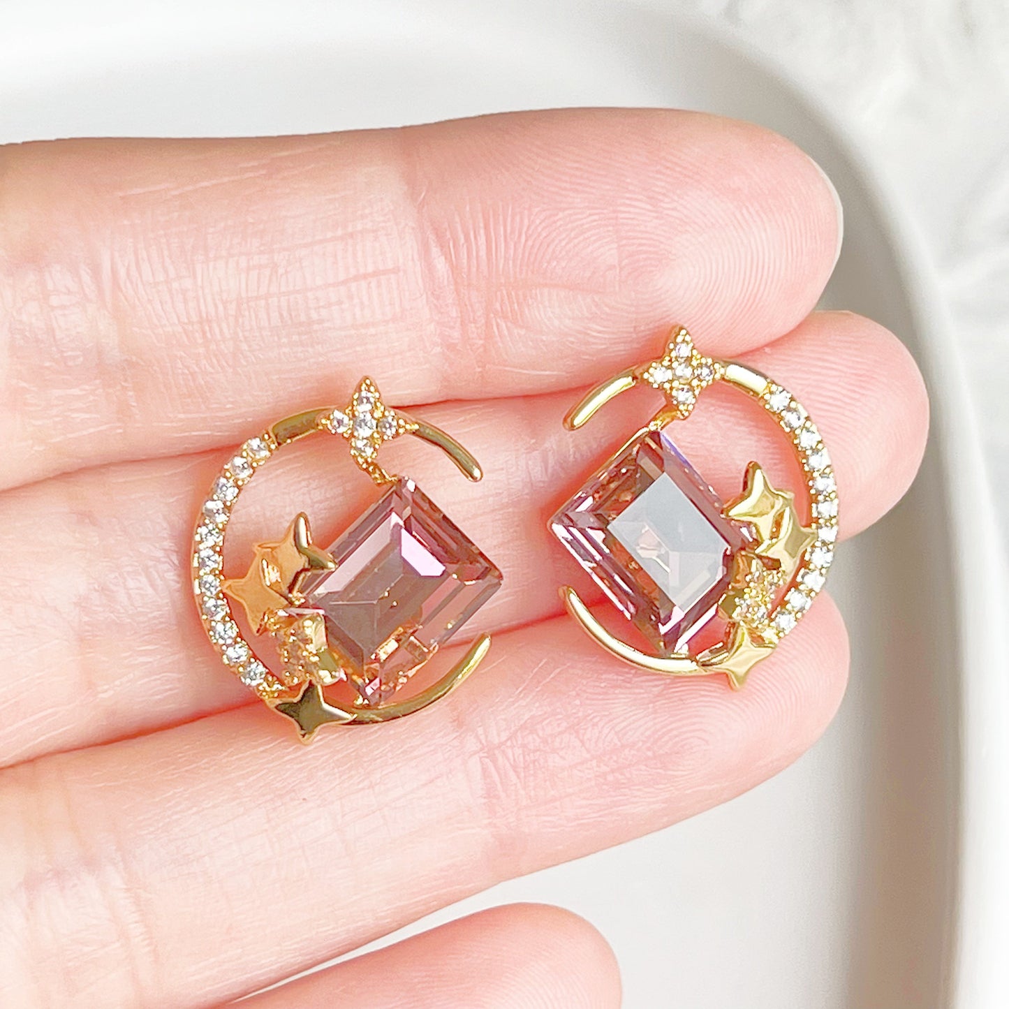 Gold New Moon Purple Crystal Earrings-Ninaouity
