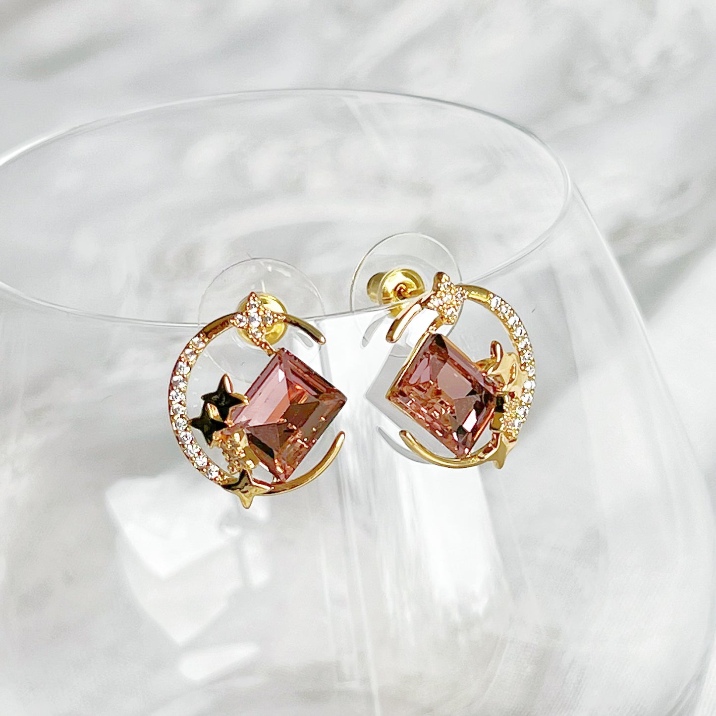 Gold New Moon Purple Crystal Earrings-Ninaouity