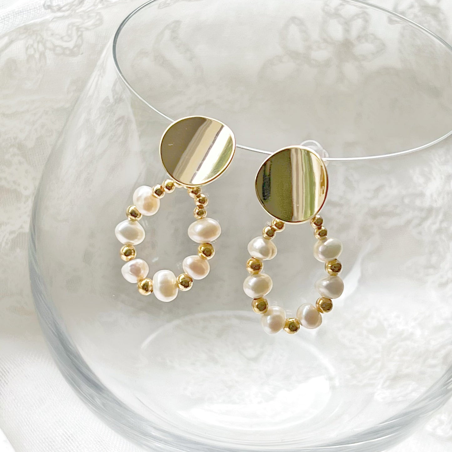 Gold Pearl Hoop Earrings-Ninaouity