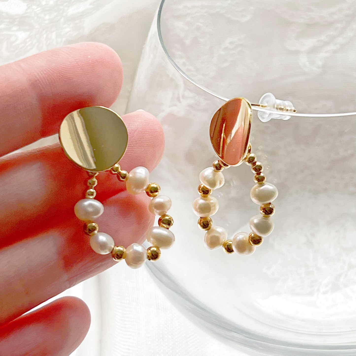 Gold Pearl Hoop Earrings-Ninaouity