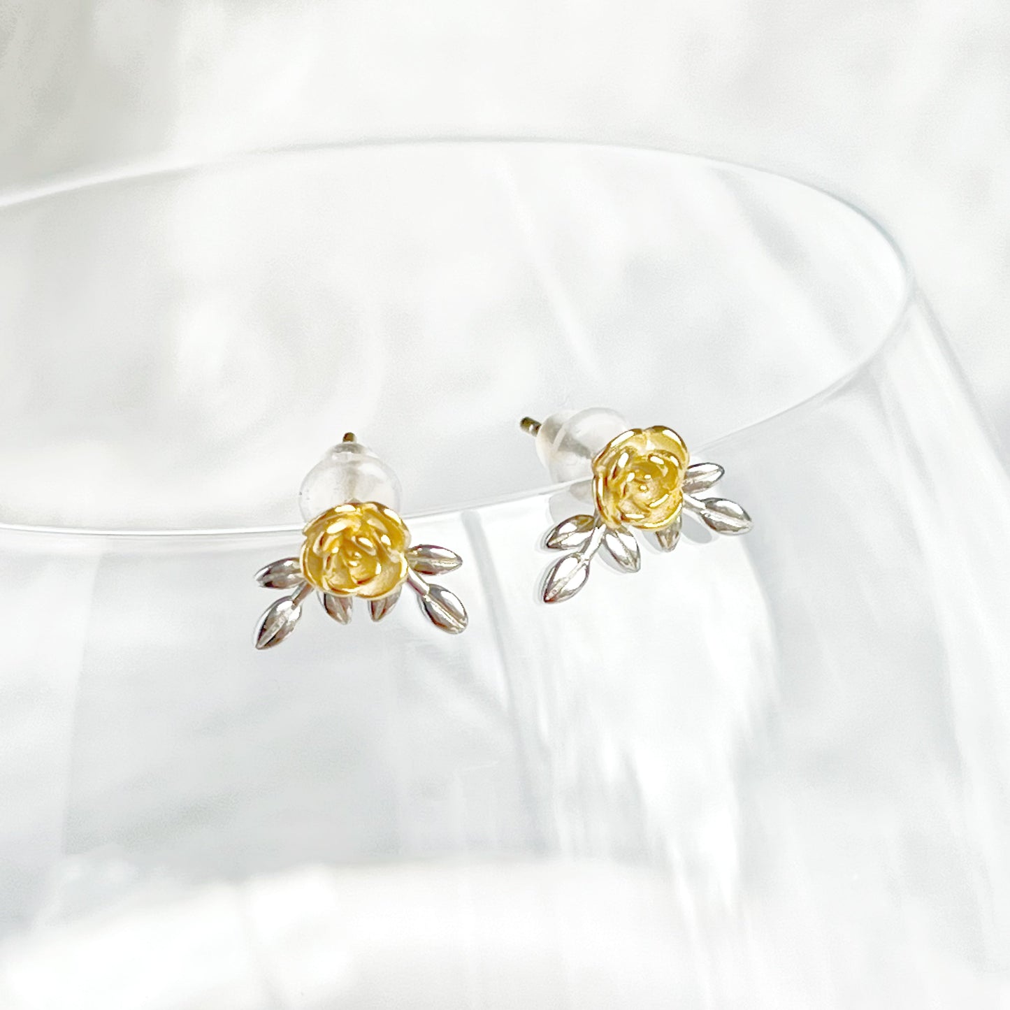 Gold Rose and Silver Leaves Two Ways to Wear Earrings-Ninaouity